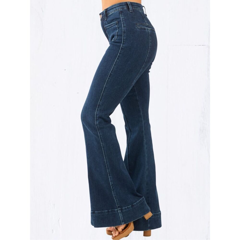 Judy Blue High Rise Flare Jeans Dark Wash Tummy Control Stretch Patch Pocket NEW - Picture 7 of 11